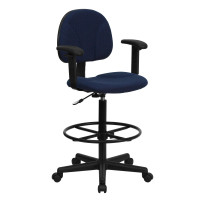 Flash Furniture Navy Blue Patterned Fabric Ergonomic Drafting Stool with Arms BT-659-NVY-ARMS-GG